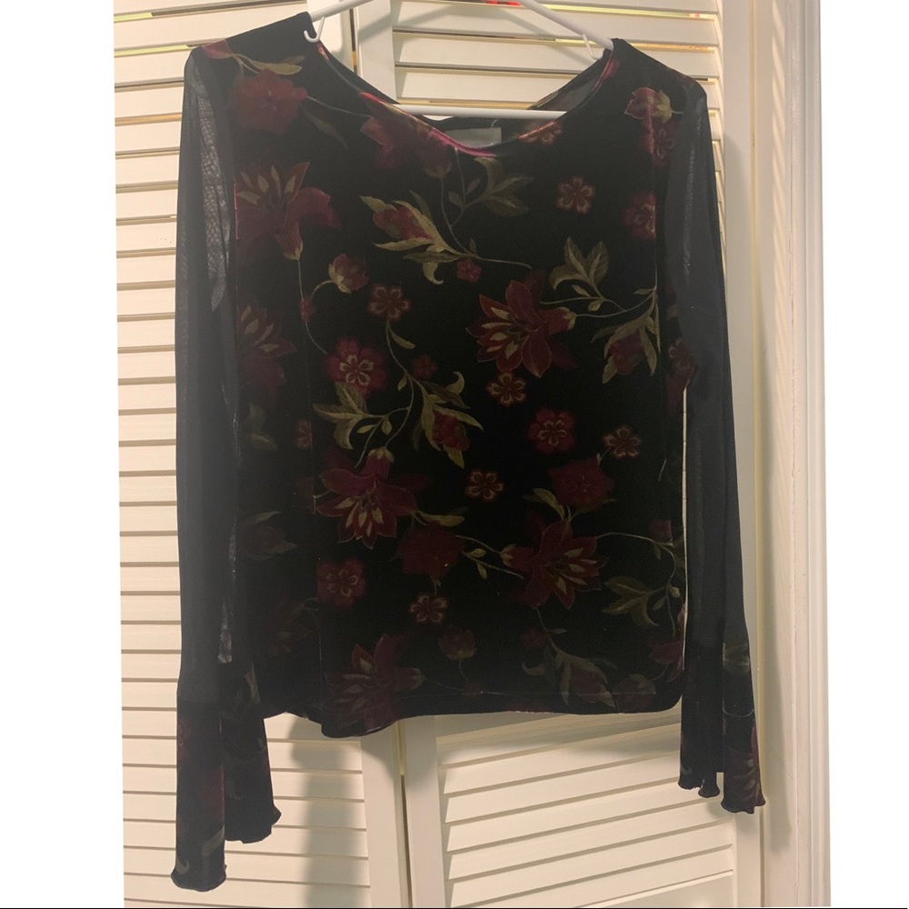 Black, velour, floral print blouse